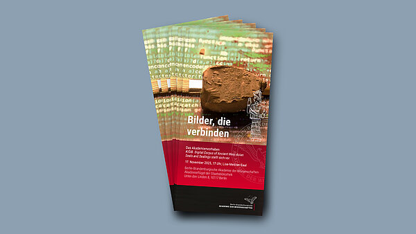 A bunch of flyers on a grey background. The flyer shows a sealing and a brush on coded paper. The title reads "Bilder, die verbinden" meaning "Images that connect".