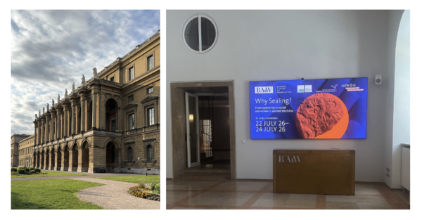 View of the residence building in Munich and the entrance hall of the Academy with the poster of the conference on a screen.