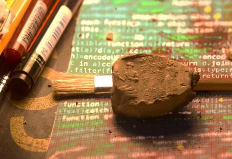 Ancient West Asian clay sealing with cuneiform on printed programming code – representing the KIŠIB digital corpus project.