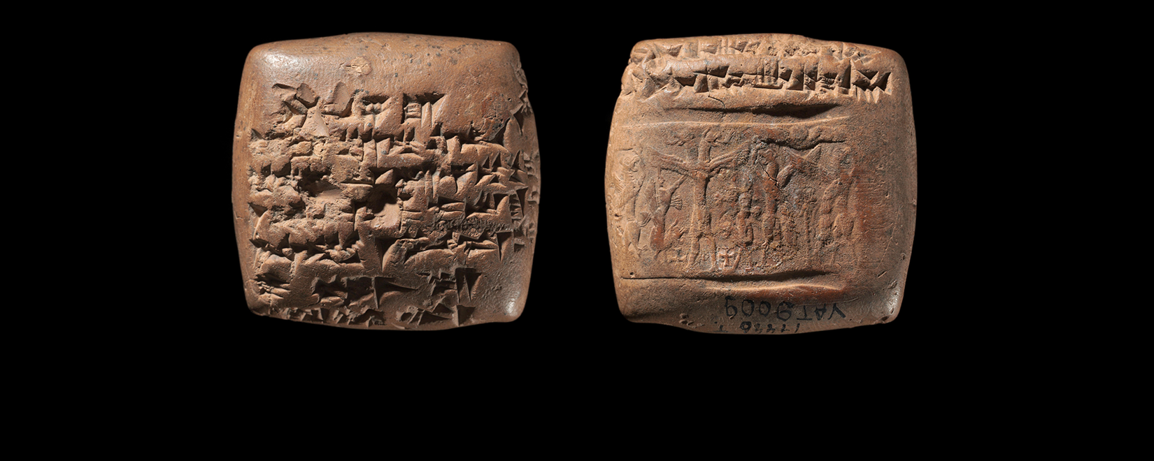 Front and back of a cuneiform tablet. On the back, there is also a rollout of a cylinder seal.