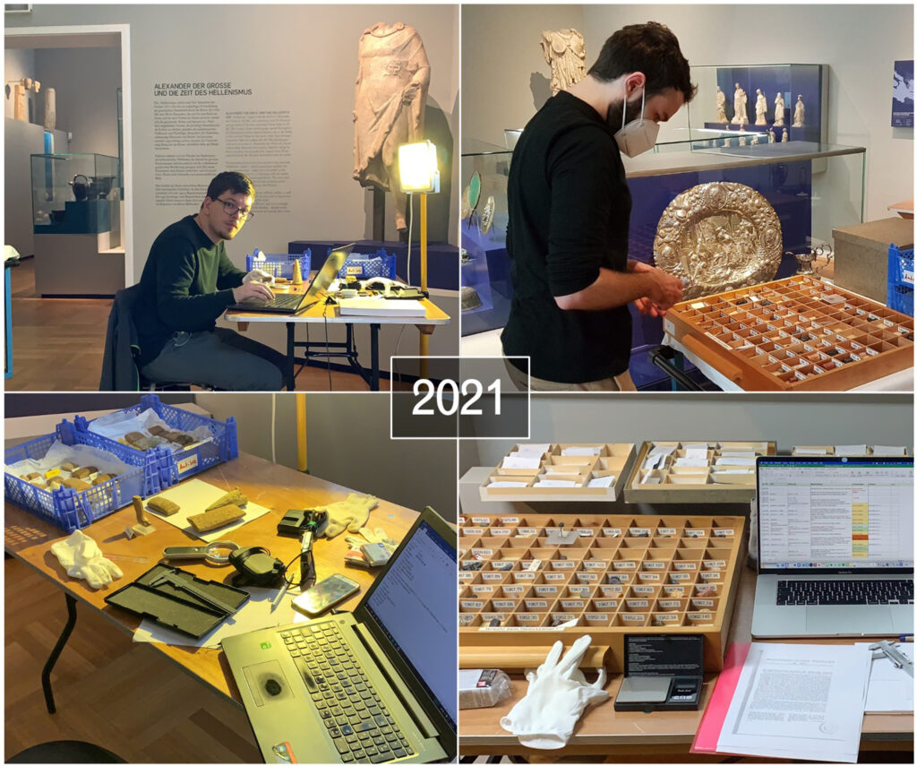 A collage of photos showing the two researchers at work. Either in front of the computer or in front of trays full of cylinder seals.