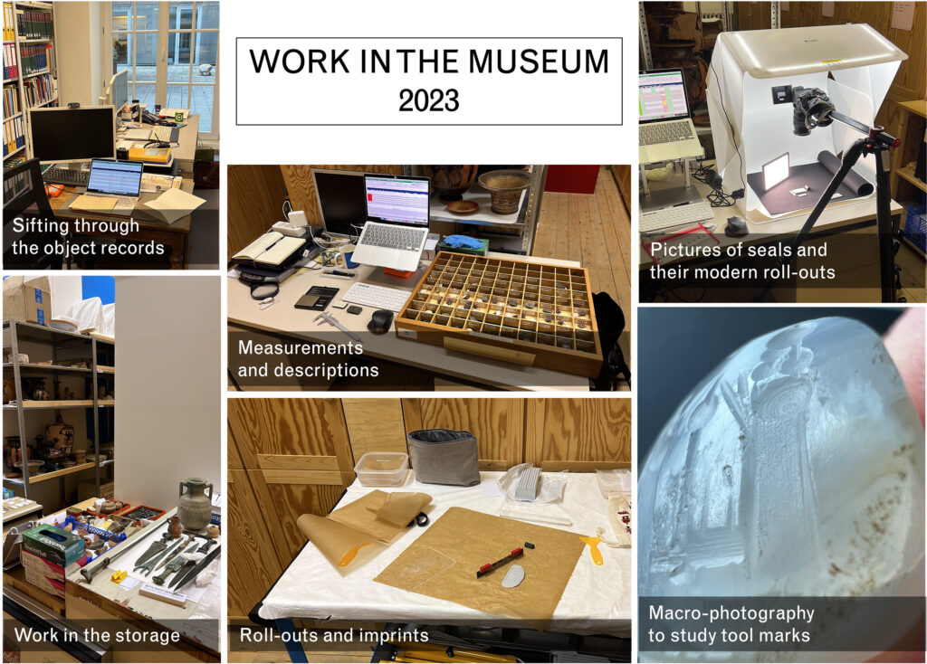 A collage of photos showing the work on cylinder seals: making impressions, photographing details and entering in databases.