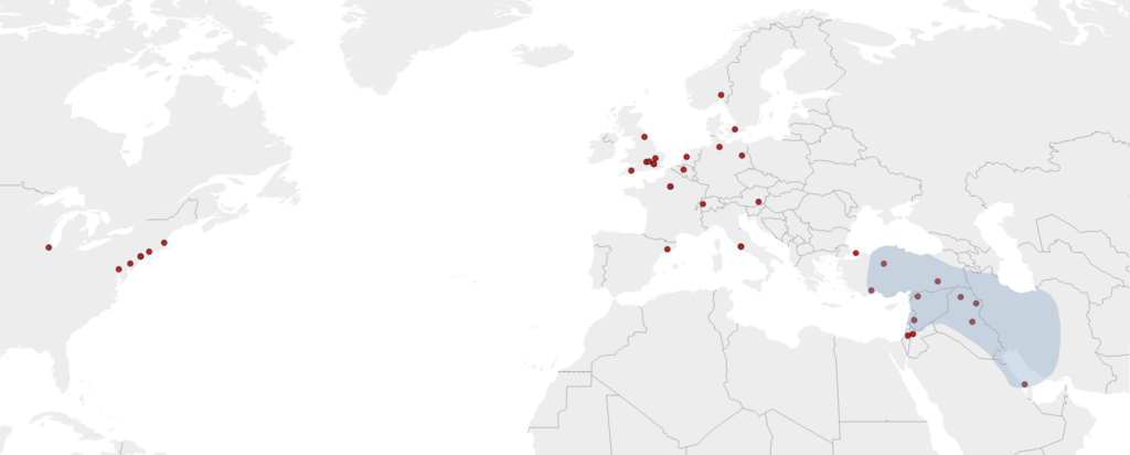 A map of Europe and East America showing, with red dots, the distribution of major collections holding seals (mostly in Europe and America) and the area of ancient use in Mesopotamia.