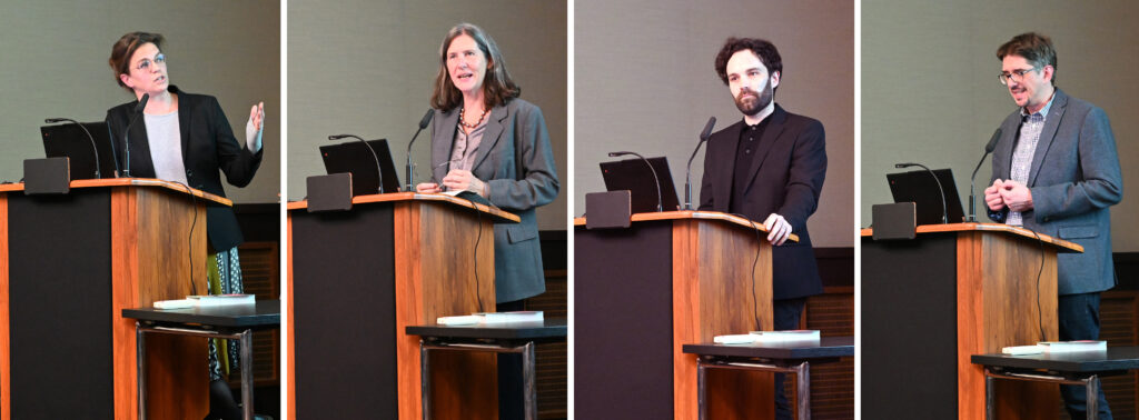 A collage of four persons standing in front of a podium and giving a presentation.