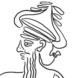 A redrawing of a 21st century BCE god figure with a horned crown.